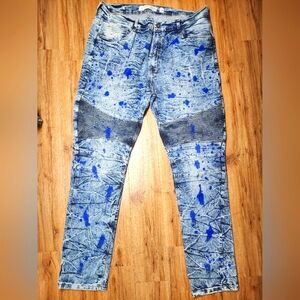 Evolution in Design Men’s Blue Paint Splatter Moto Jeans Size 42 x 32 Distressed